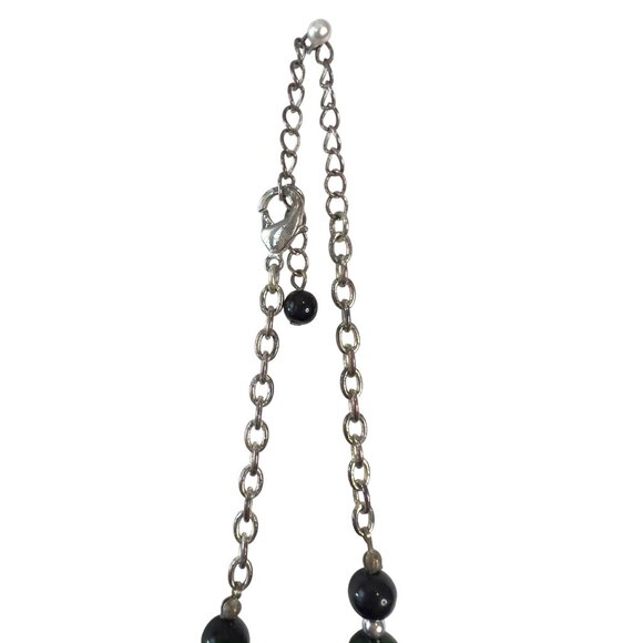 Statement Necklace Graduated Black Beads With Silver Beads & Chain Lobster Clasp - Picture 3 of 5